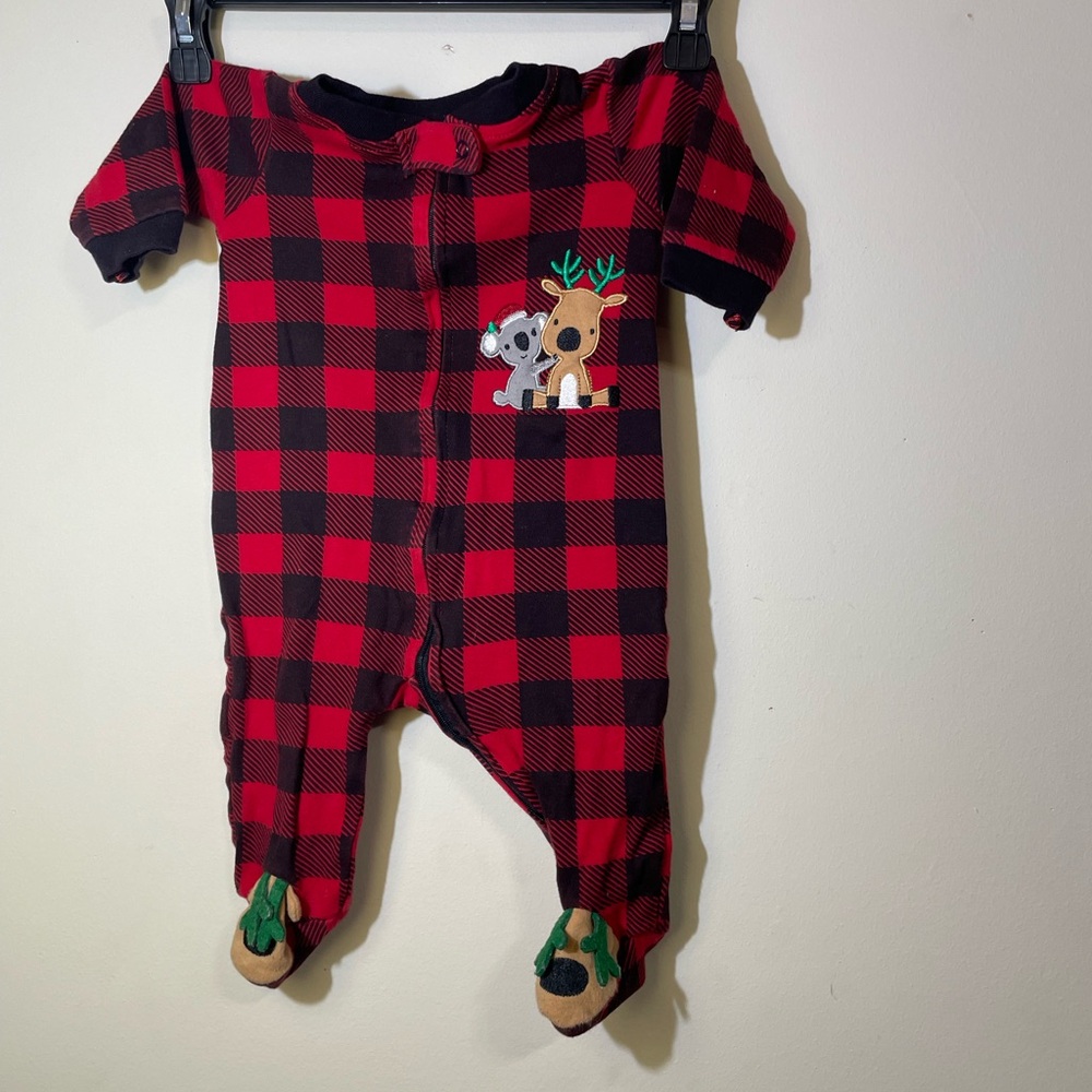 Koala Baby 3/6 Month black/red‎ footsie pajamas with Christmas reindeer feet